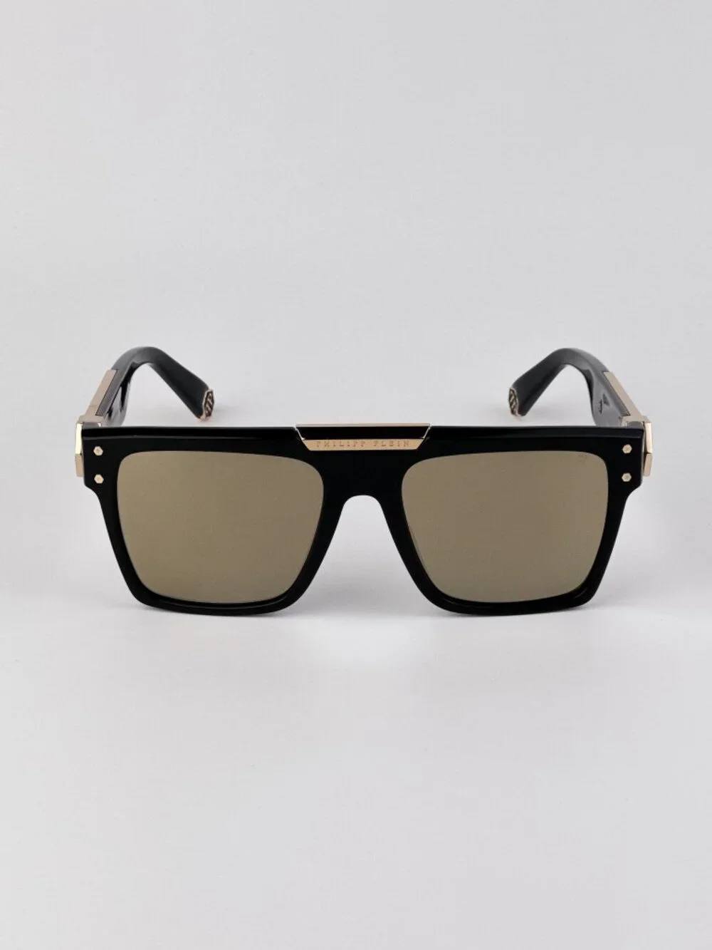 Philipp Plein Unisex Sunglasses Black Gold Mirror Square Frames SPP080 700G NEW